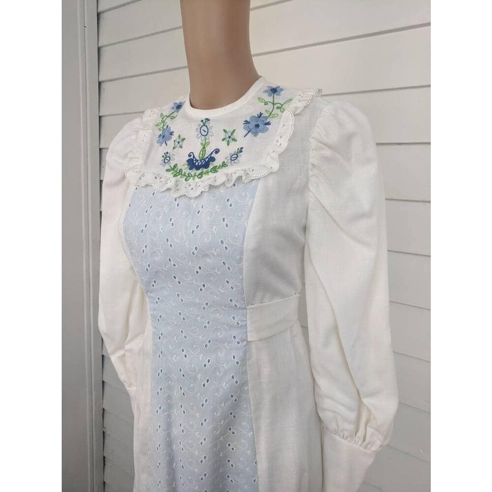 70s Prairie Dress Wedding Embroidered Eyelet Bridal Victorian Vintage XS